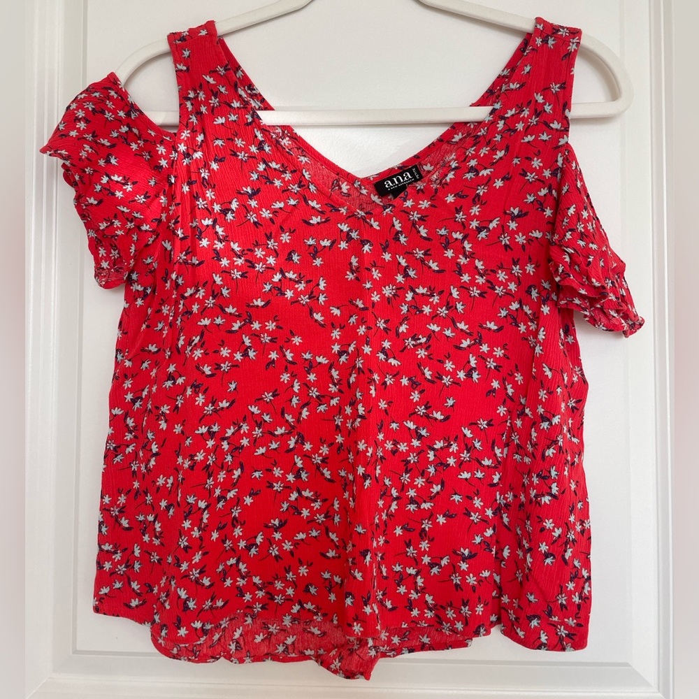 Red cold shoulder floral blouse